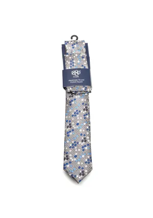 1880 Club Floral Print Handmade Tie and Pocket Square, Grey