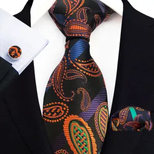 3Pcs Orange & Black Men's Paisley Hanky Necktie Set