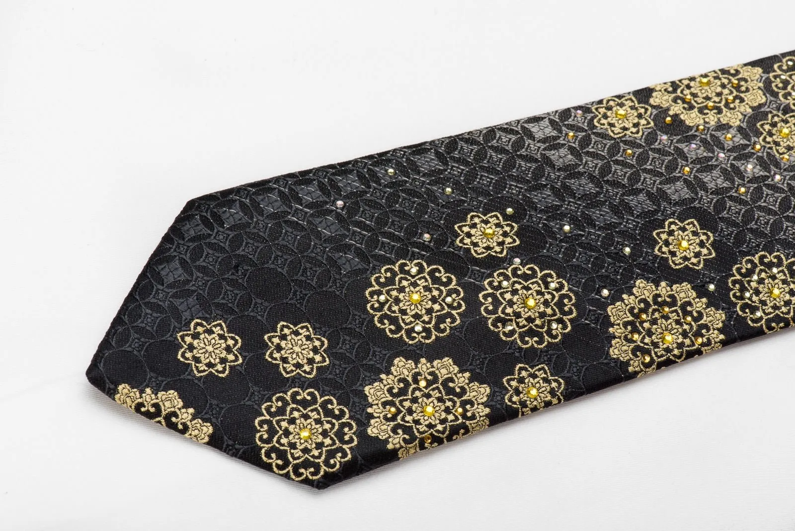 Avalon Men's Crystal Silk Necktie Gold Medallions Silver Geometric On Black With Gold Sparkles