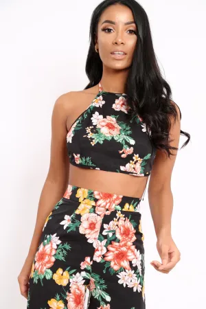 Black Floral Halterneck Crop Top - Christie