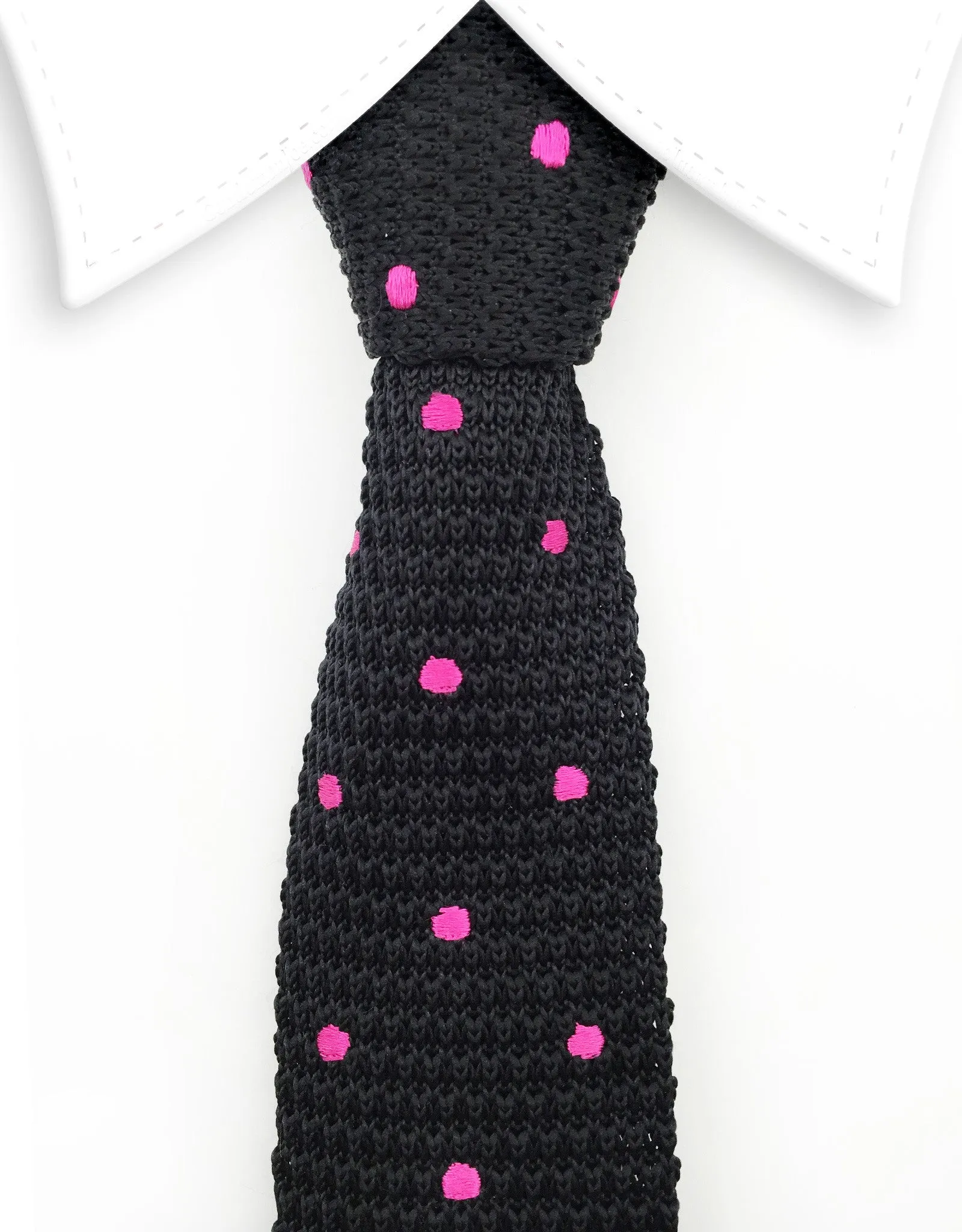 Black Skinny Knit Tie with Pink Polka Dots