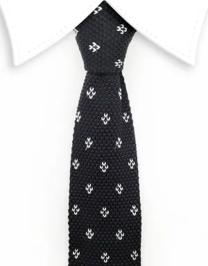 Black Skinny Knitted Tie with White Motif