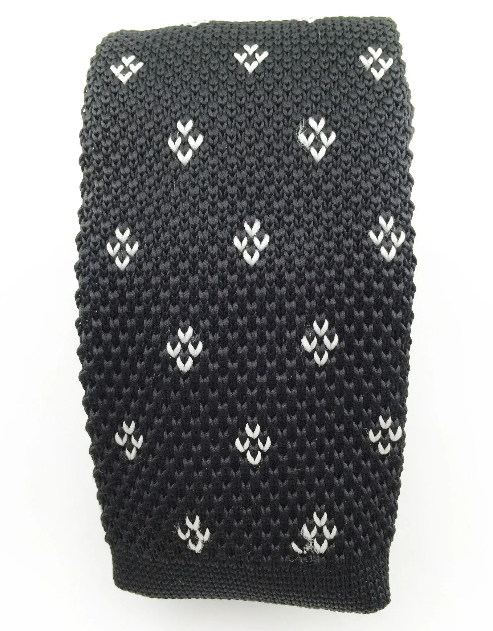 Black Skinny Knitted Tie with White Motif