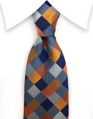 Blue, Orange & Silver Checkered Tie