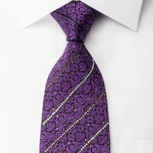 Bruno Baffi Silk Necktie Striped Rhinestones & Purple Cartouche On Black