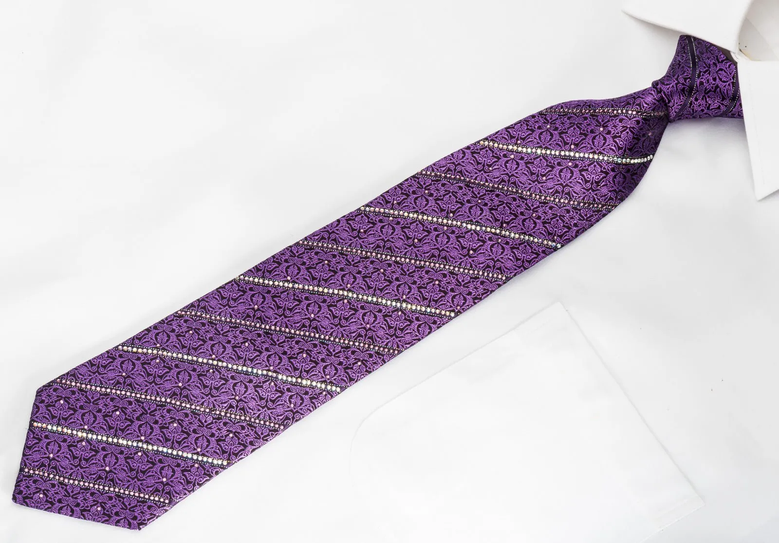 Bruno Baffi Silk Necktie Striped Rhinestones & Purple Cartouche On Black