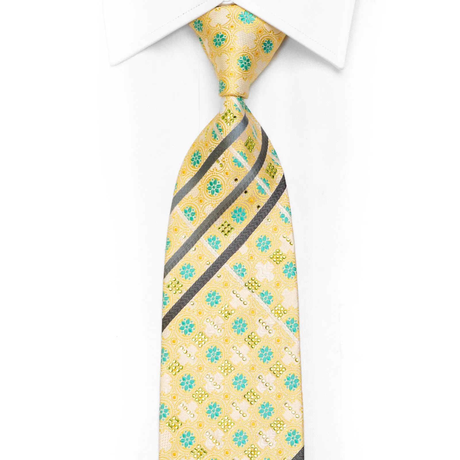 Cartouche Teal Floral Gray Stripes On Yellow Rhinestone Silk Necktie