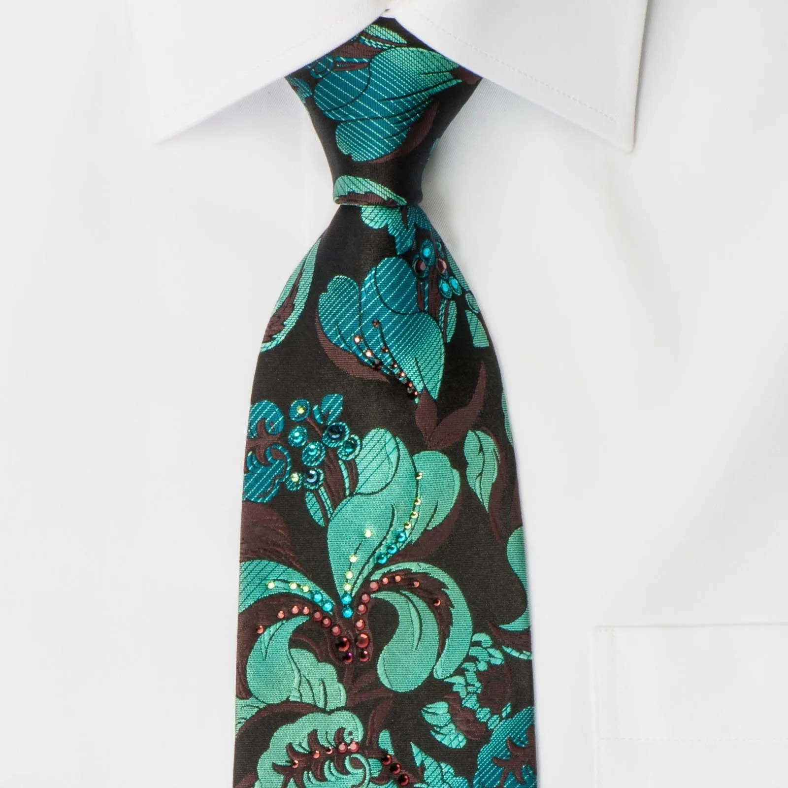 Charles Jourdan Rhinestone Silk Tie Turquoise Floral Orchids On Black