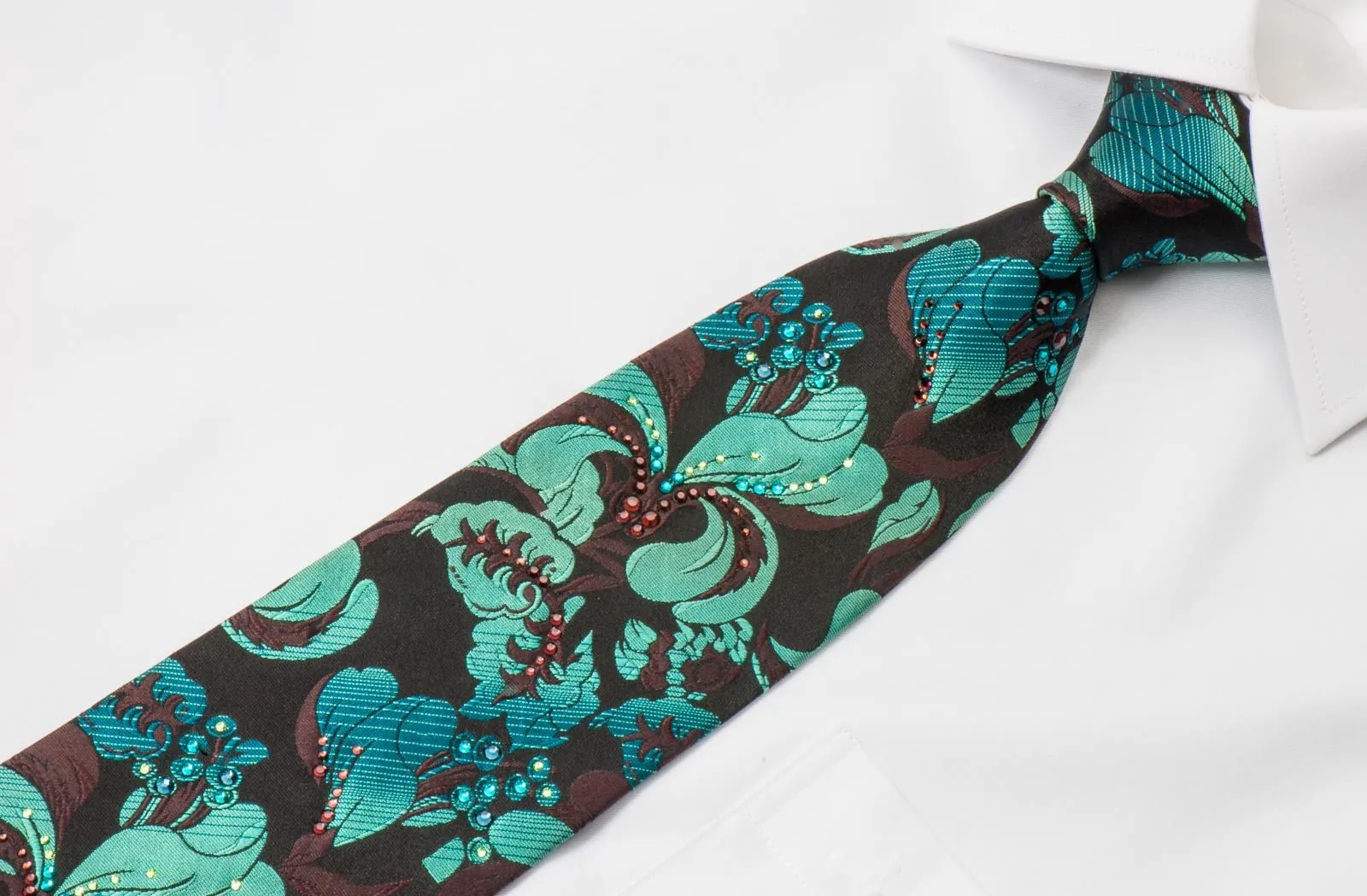 Charles Jourdan Rhinestone Silk Tie Turquoise Floral Orchids On Black