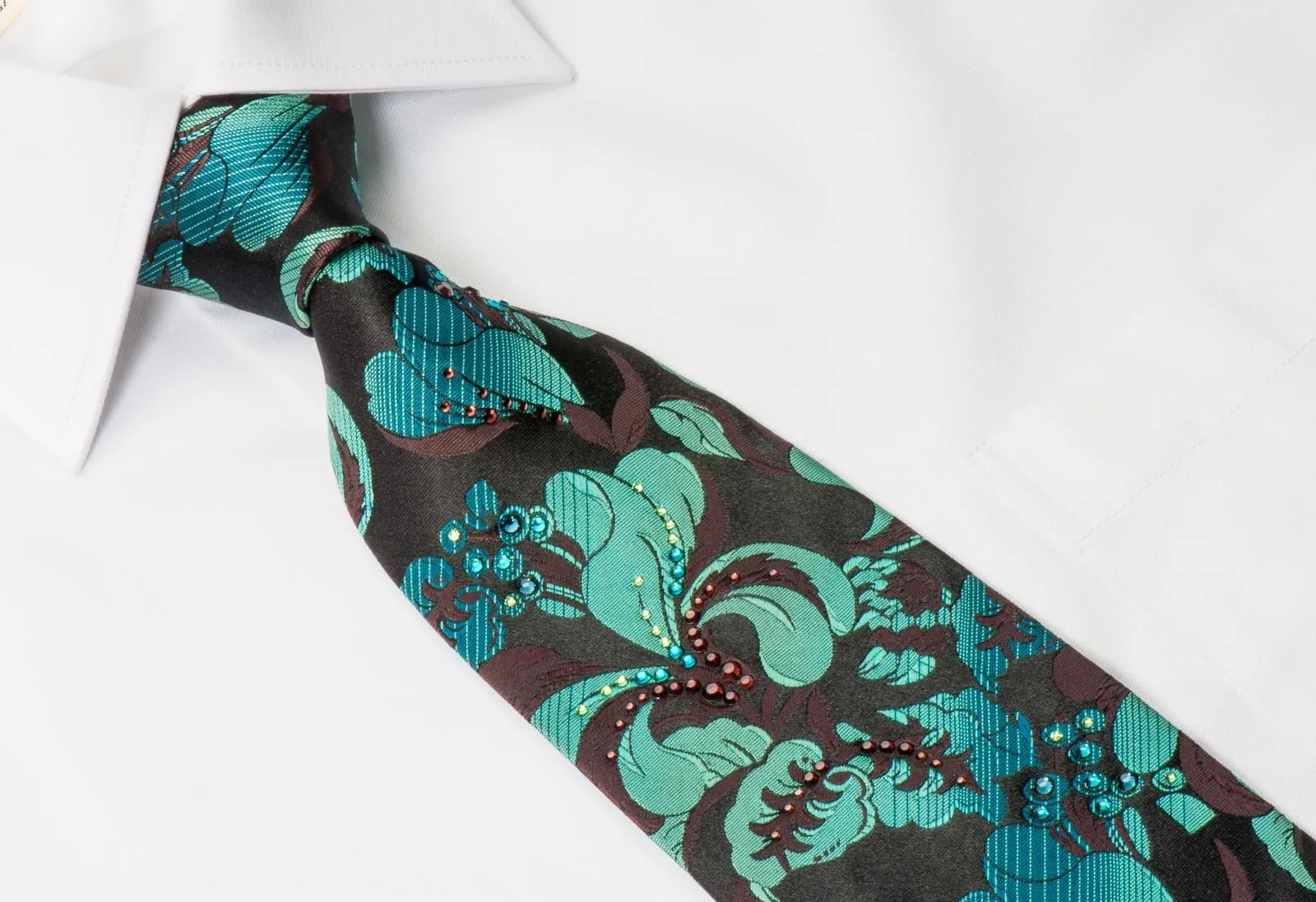 Charles Jourdan Rhinestone Silk Tie Turquoise Floral Orchids On Black