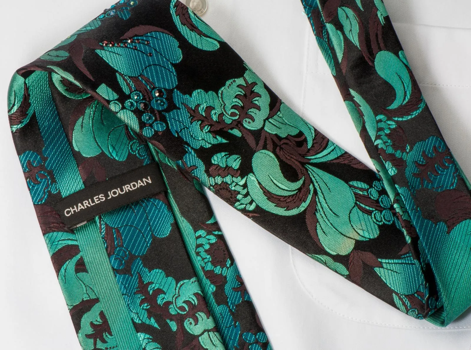 Charles Jourdan Rhinestone Silk Tie Turquoise Floral Orchids On Black