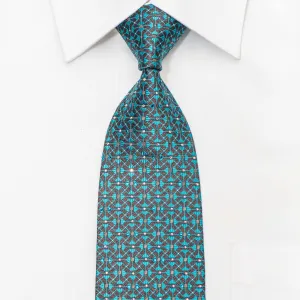 Daks Men's Silk Tie Turquoise Trellis On Dark Brown Sparkling With Crystal Rhinestones