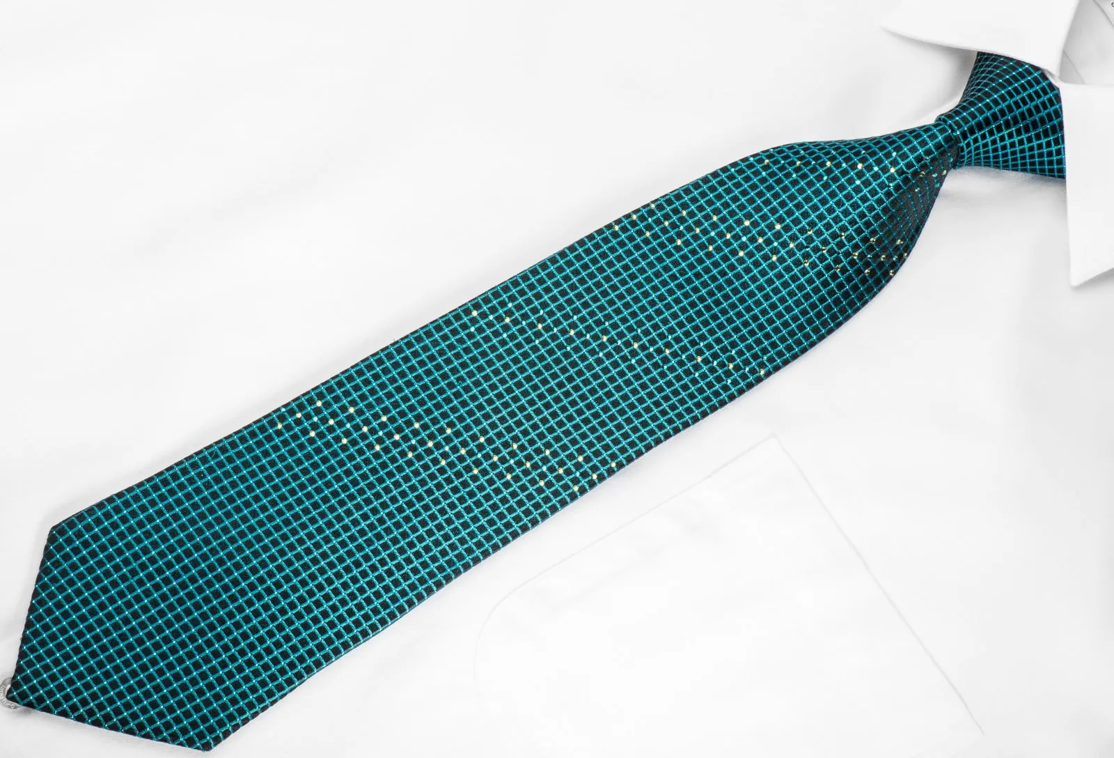 Daks Rhinestone Silk Necktie Turquoise Trellis On Black With Silver Sparkles