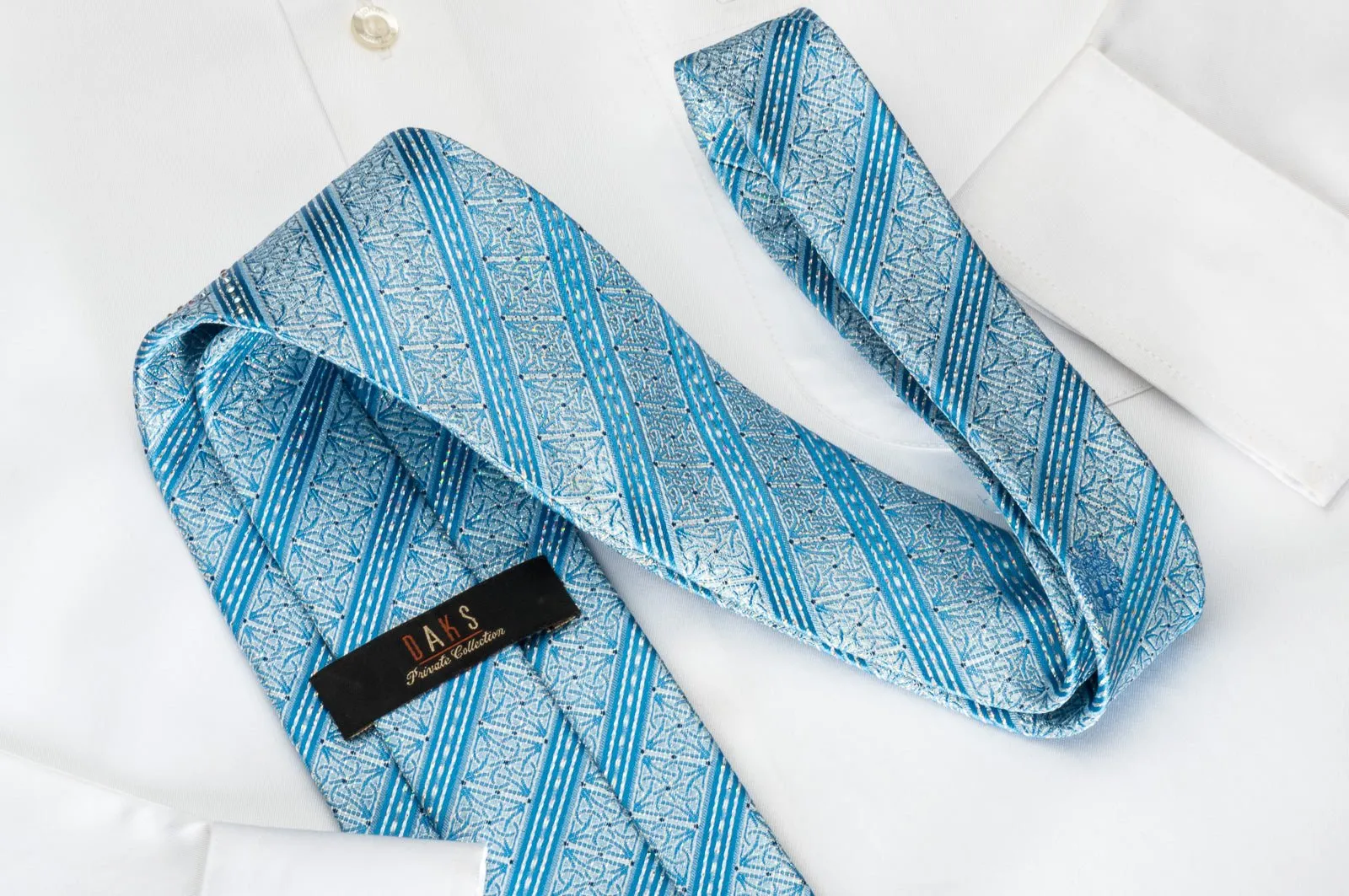 Daks Silk Tie Blue Striped Rhinestone With Silver Sparkles