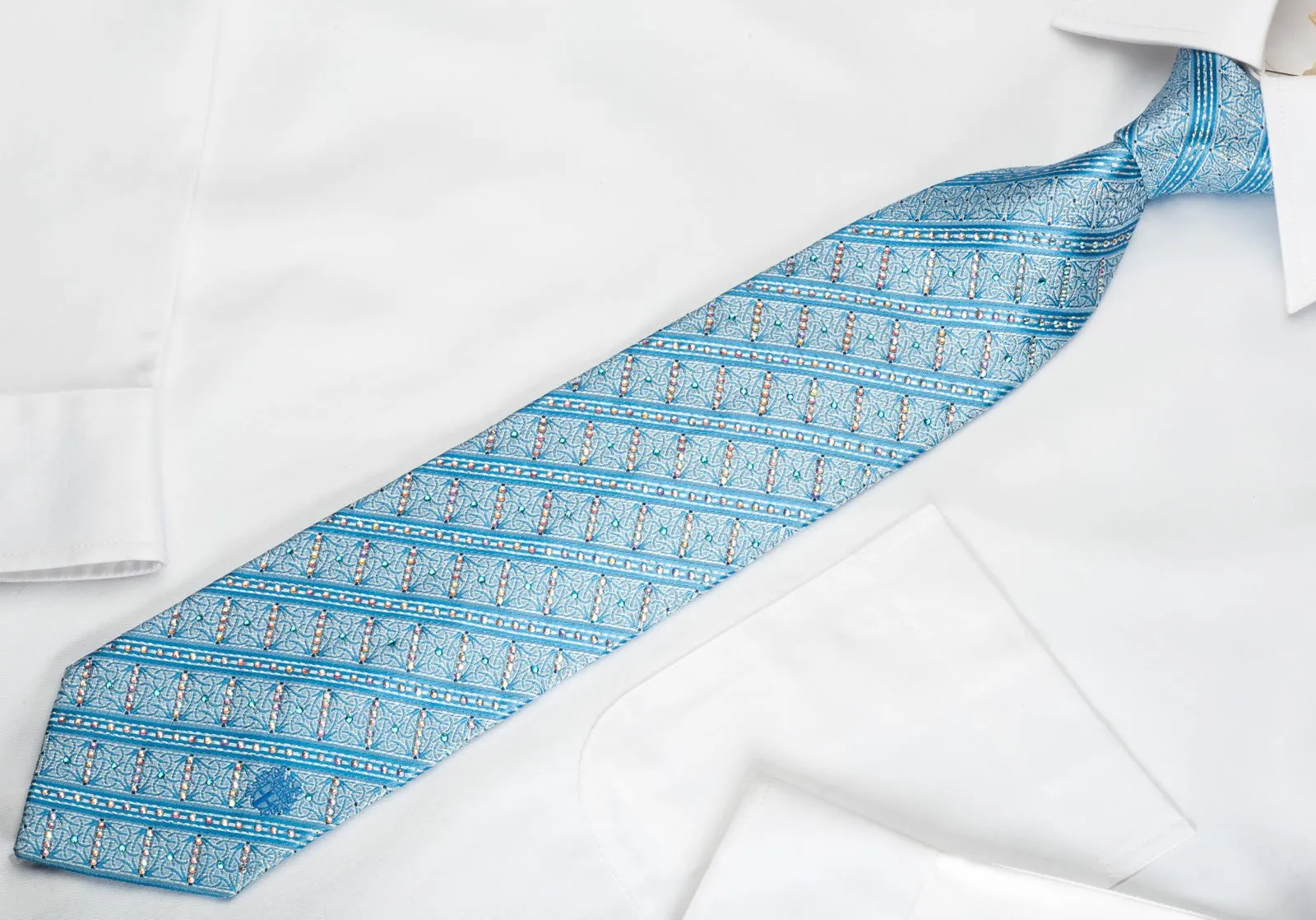 Daks Silk Tie Blue Striped Rhinestone With Silver Sparkles