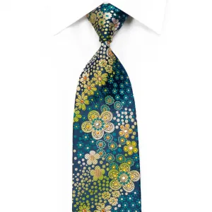 Elegance Rhinestone Silk Necktie Floral On Teal Turquoise With Gold Studs