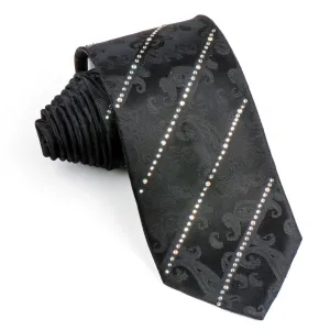 Elegance Rhinestone Tie Striped White Rhinestones On Woven Black Silk 3 1/4 Inch