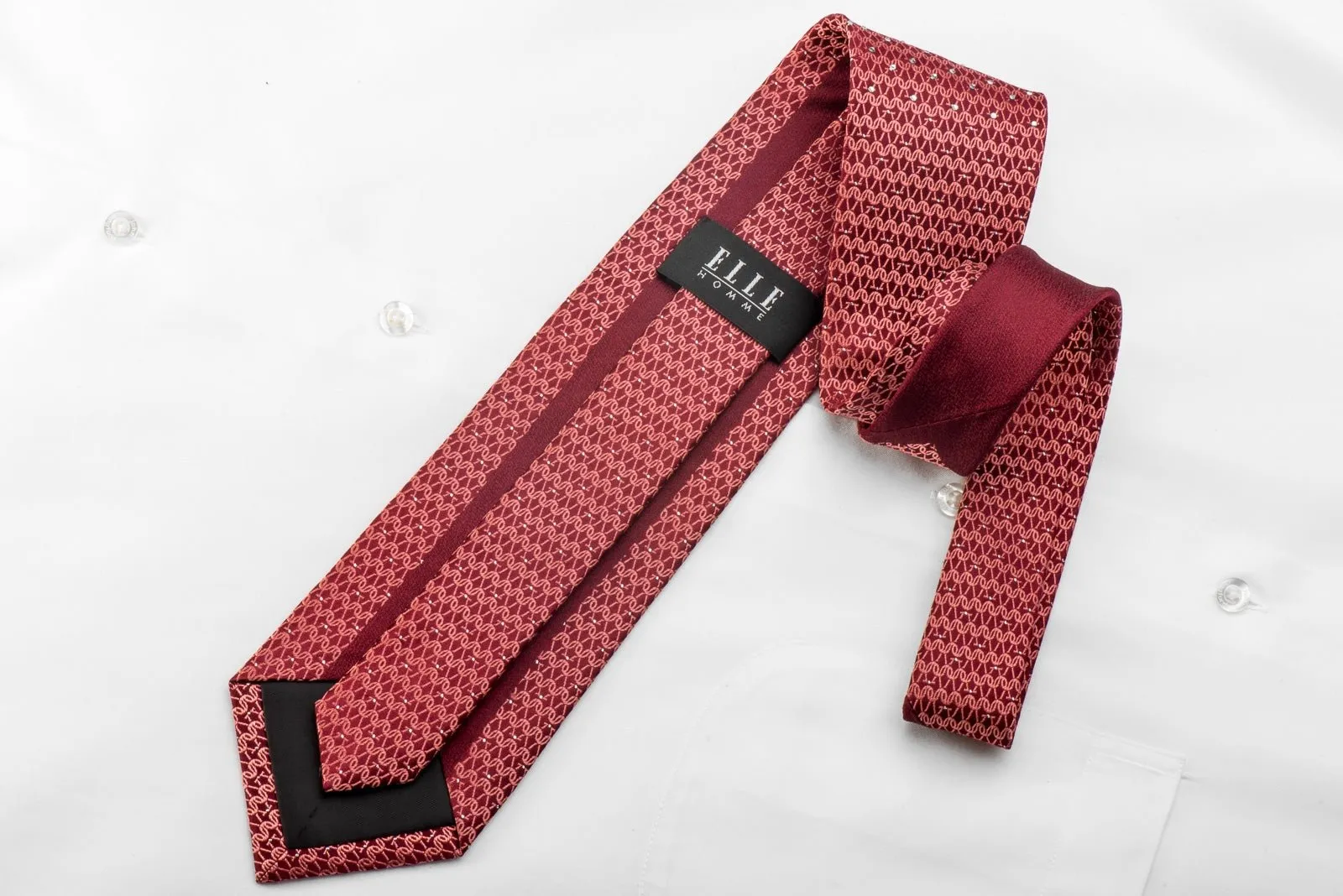 Elle Homme Mens Crystal Silk Tie Chainmail On Red With Silver Sparkles