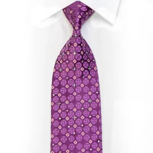 Floral On Geometric On Purple Rhinestone Silk Necktie With Sparkles