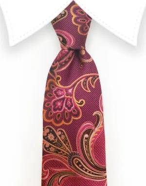 Fuchsia Pink Orange Black Floral and Paisley Tie with Pocket Square