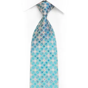 Geometric Floral On Pale Blue Rhinestone Silk Necktie With Silver Sparkles