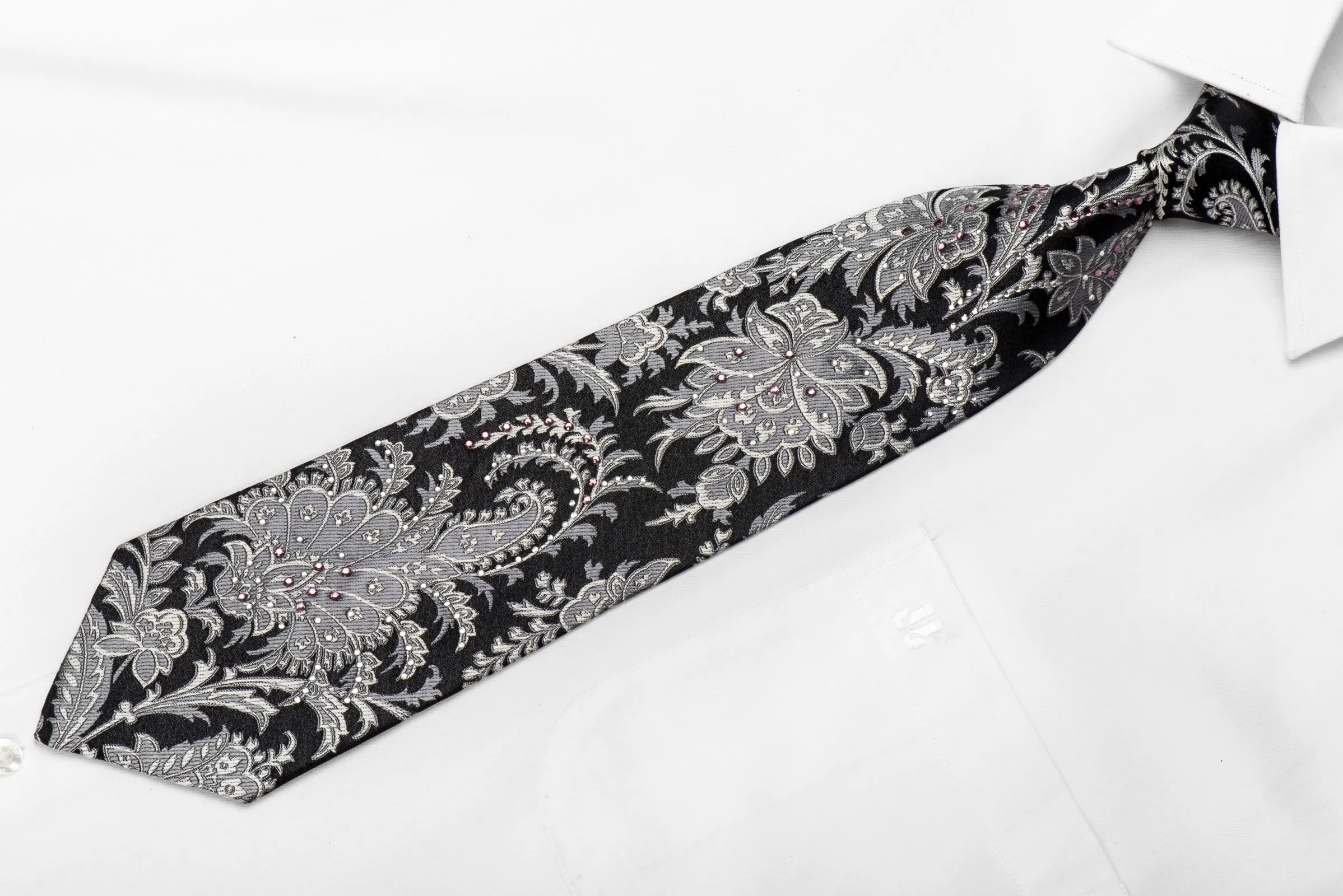 Grand Jour Men's Crystal Silk Tie Silver Anthemion On Black