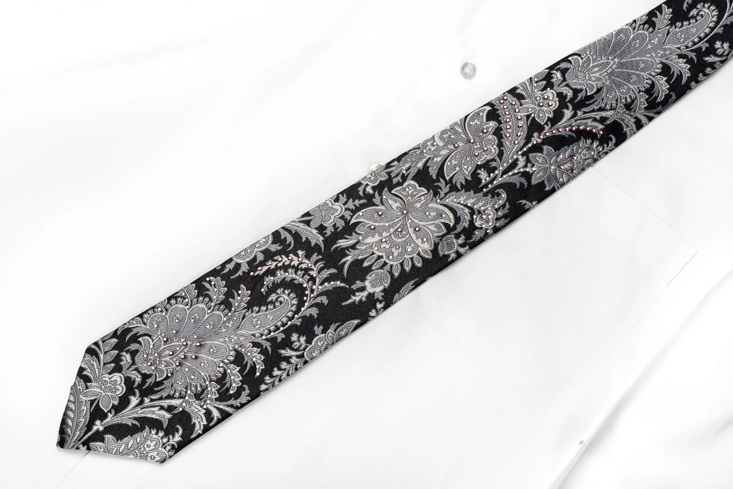 Grand Jour Men's Crystal Silk Tie Silver Anthemion On Black