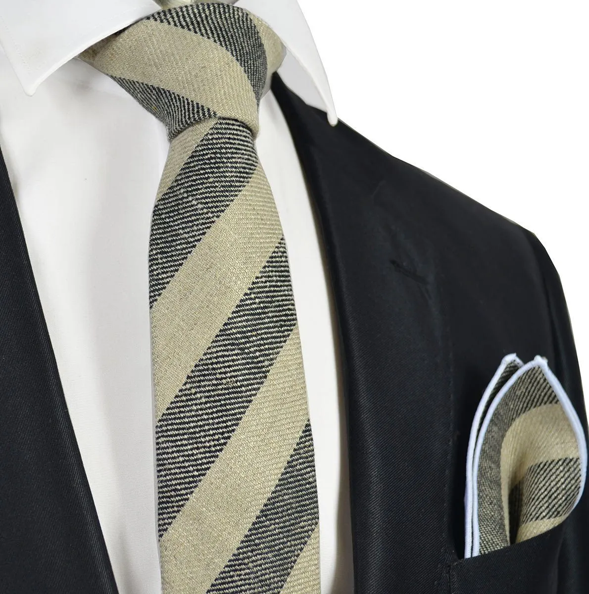 Grey Striped Linen Tie Set by Paul Malone