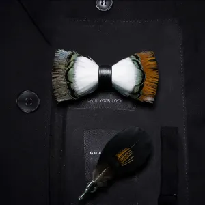 Kid's White & Multicolored Finch Feather Bow Tie with Lapel Pin