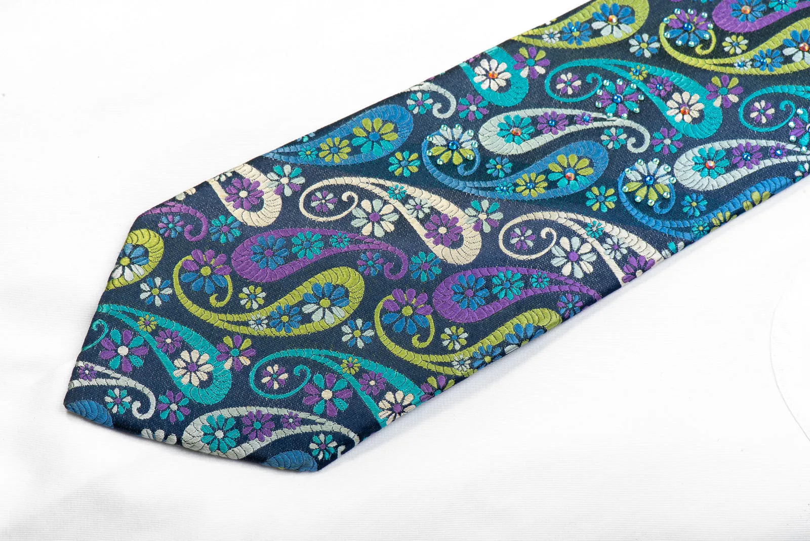 Lancetti Mens Rhinestone Silk Necktie Paisley On Navy