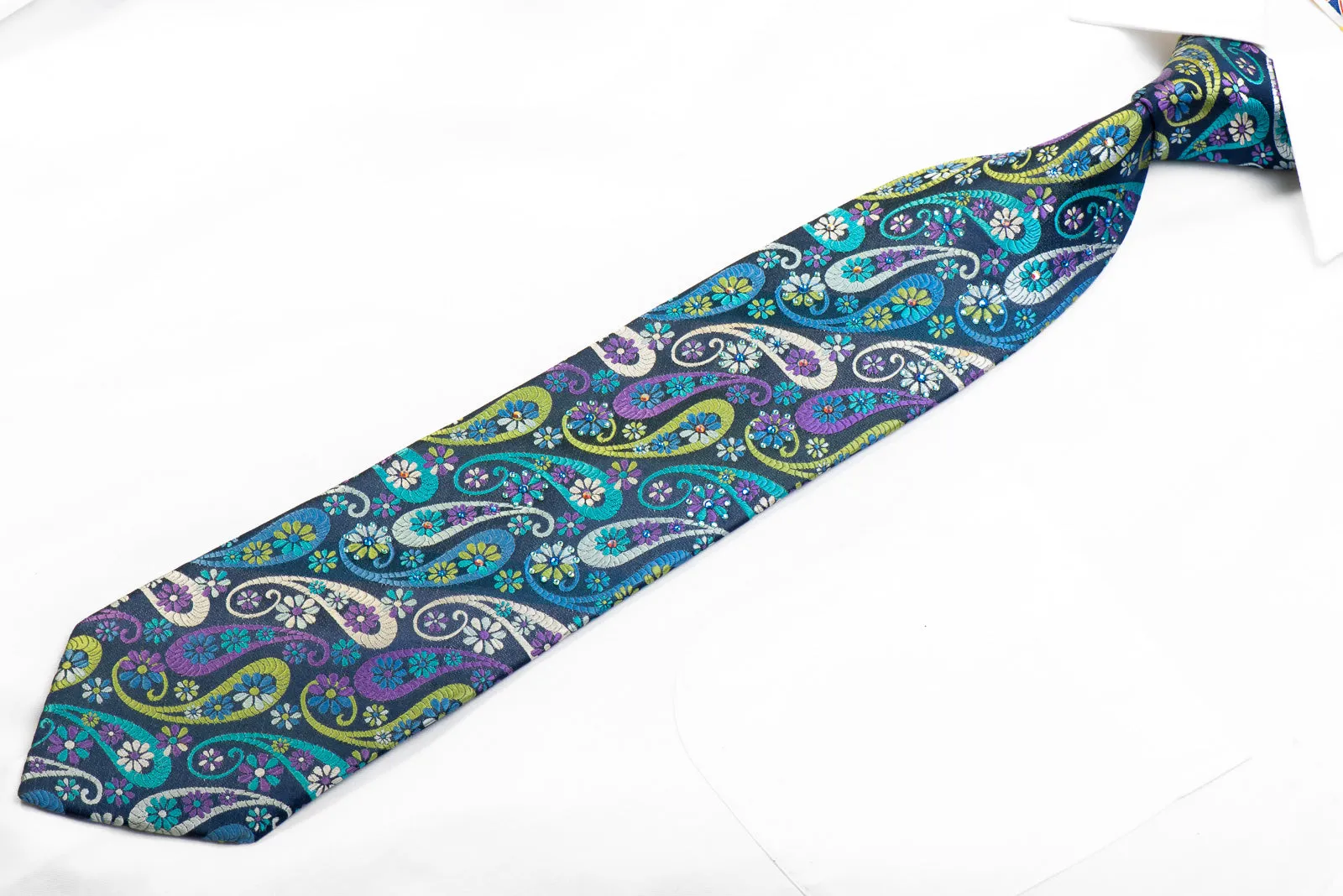 Lancetti Mens Rhinestone Silk Necktie Paisley On Navy