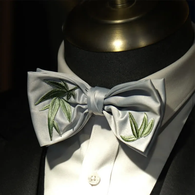 Elegant Mens Botanical Pattern Embroidered Bamboo Bow Tie