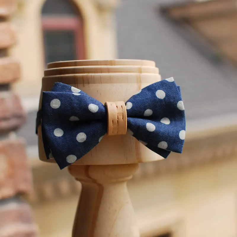 Men's Blue Polka Dots Leather Loop Bow Tie