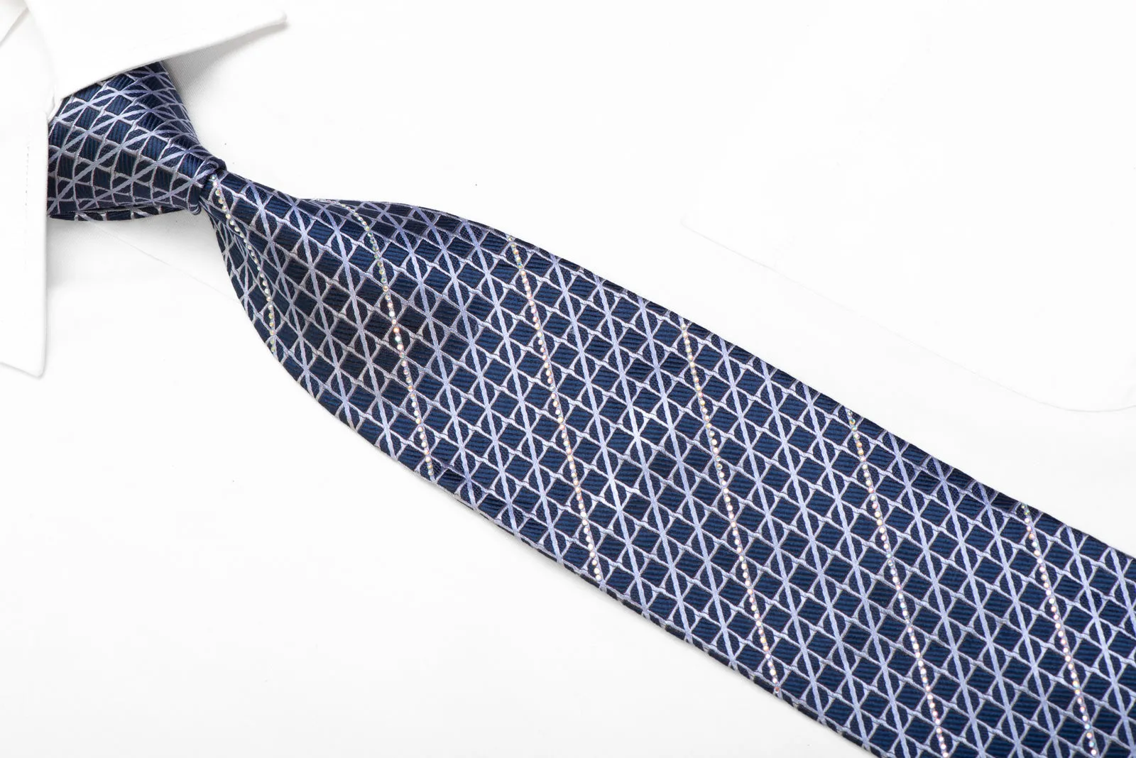 Men's Silk Necktie Trellis On Blue With Striped Crystal AB Rhinestones