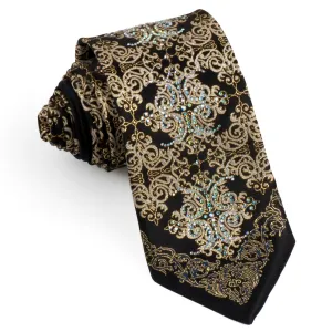 Men's Silk Rhinestone Tie Golden Damask On Black