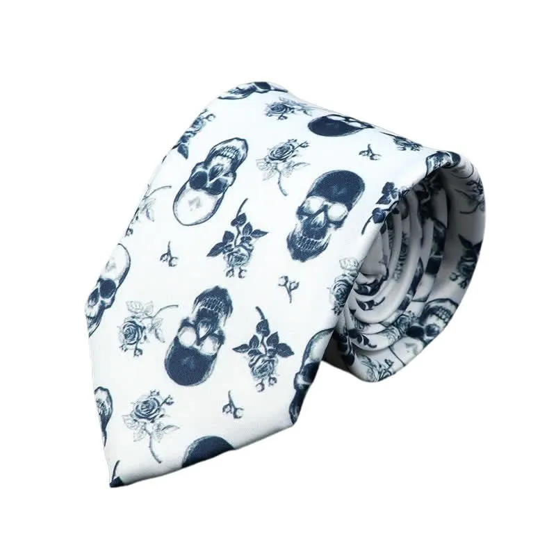 Men's White Base Rose Skull Printed Necktie