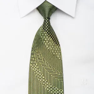 Michiko Men's Rhinestone Necktie Green Geometric On Black With Gold Sparkles