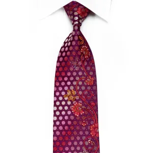 Mila Schon Men's Crystal Silk Tie Red Floral & Dots On Purple With Gold Sparkles