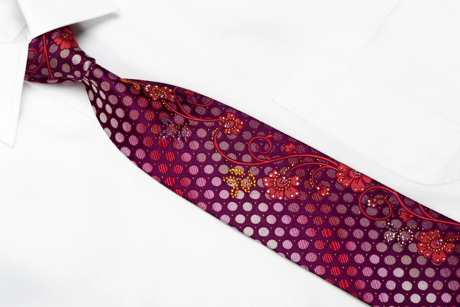 Mila Schon Men's Crystal Silk Tie Red Floral & Dots On Purple With Gold Sparkles