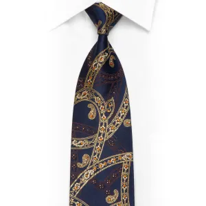 Mila Schon Rhinestone Necktie Gold Scroll Paisley On Navy With Sparkles