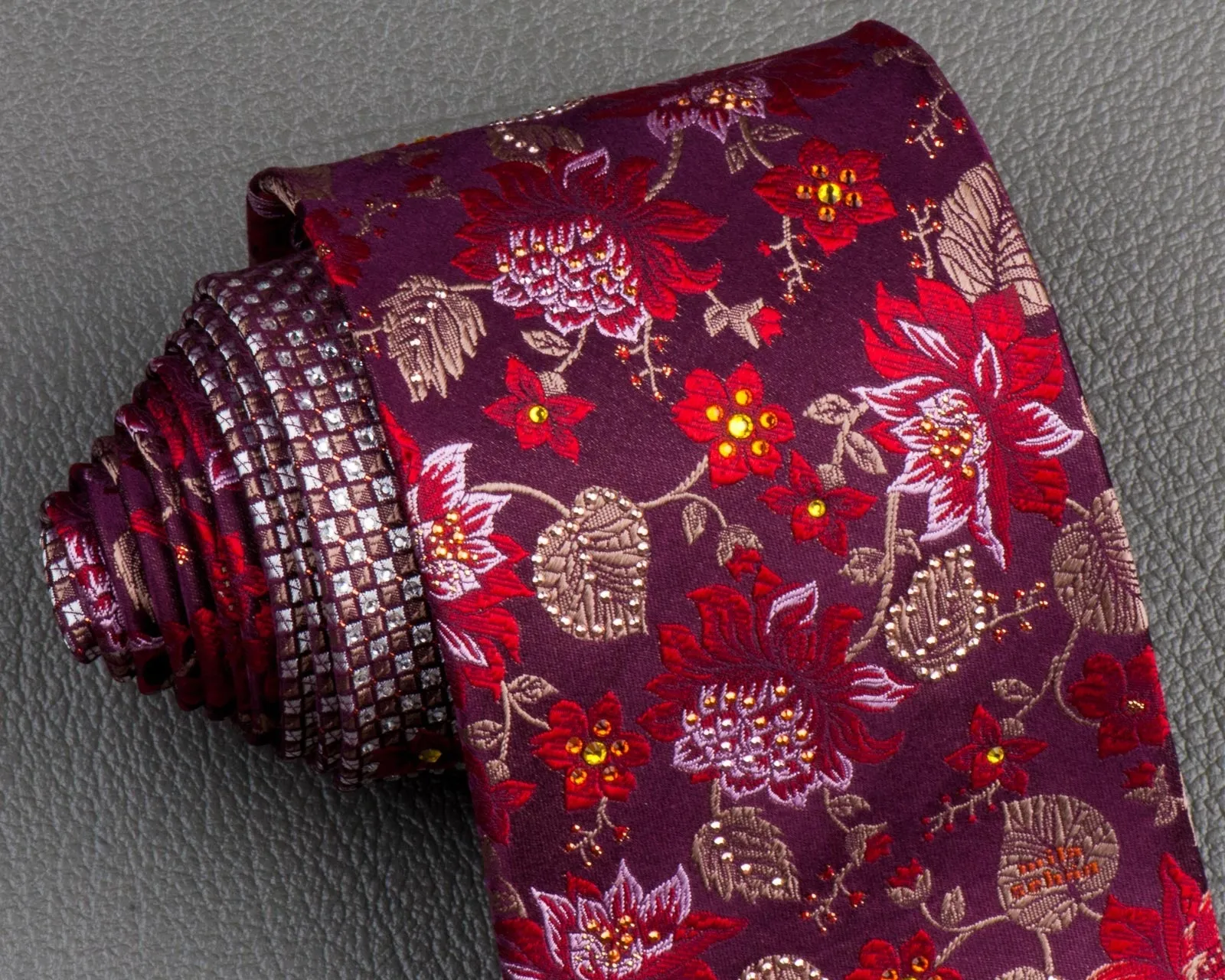 Mila Schon Silk Neck Tie Floral Design On Burgundy With Rhinestones 3 1/2 Inch