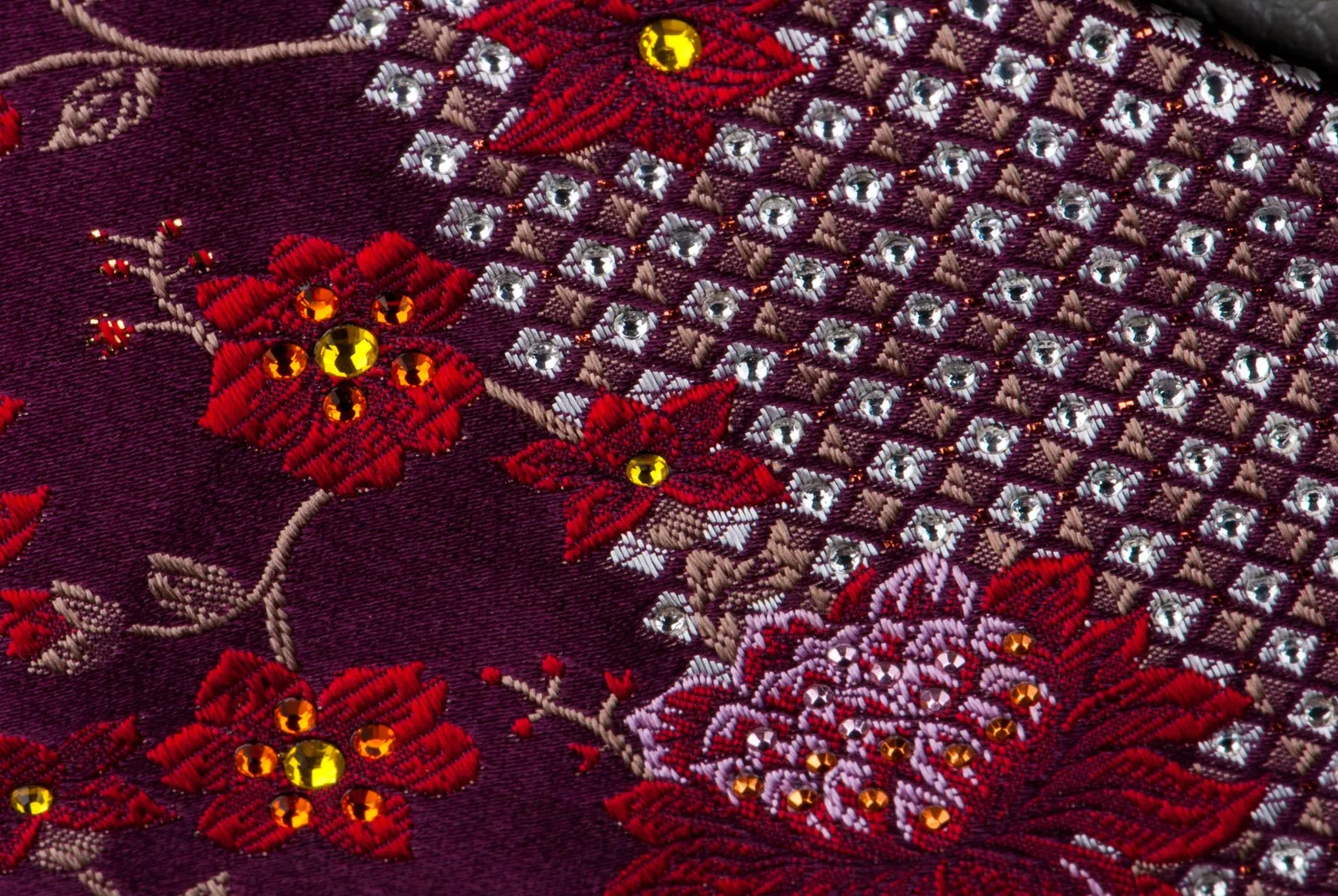 Mila Schon Silk Neck Tie Floral Design On Burgundy With Rhinestones 3 1/2 Inch