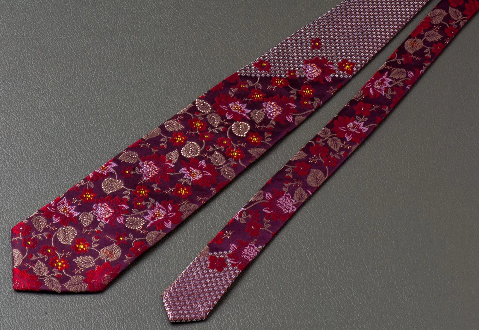 Mila Schon Silk Neck Tie Floral Design On Burgundy With Rhinestones 3 1/2 Inch