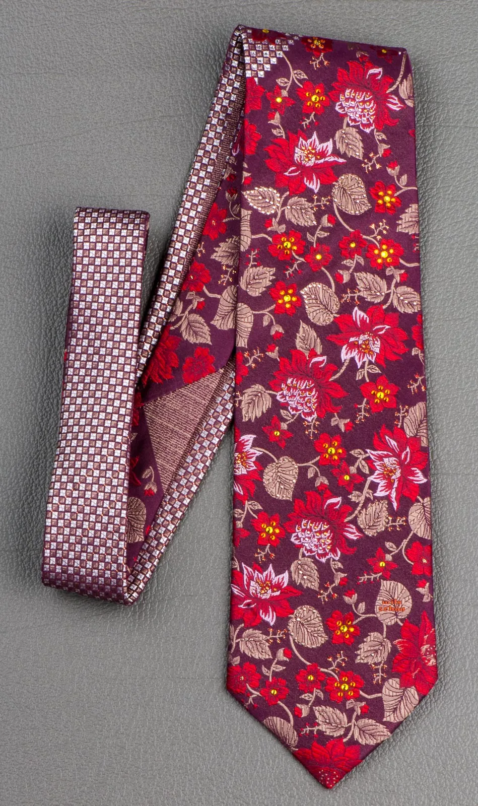 Mila Schon Silk Neck Tie Floral Design On Burgundy With Rhinestones 3 1/2 Inch