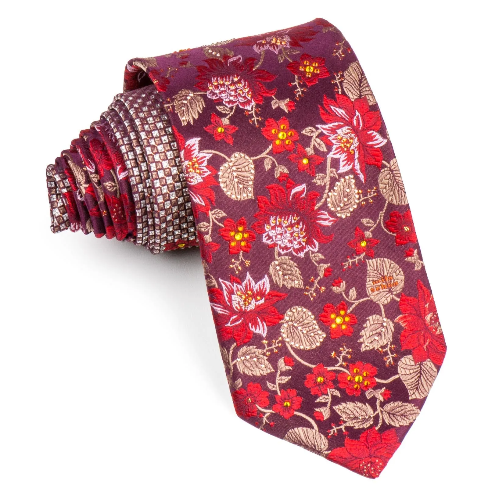 Mila Schon Silk Neck Tie Floral Design On Burgundy With Rhinestones 3 1/2 Inch