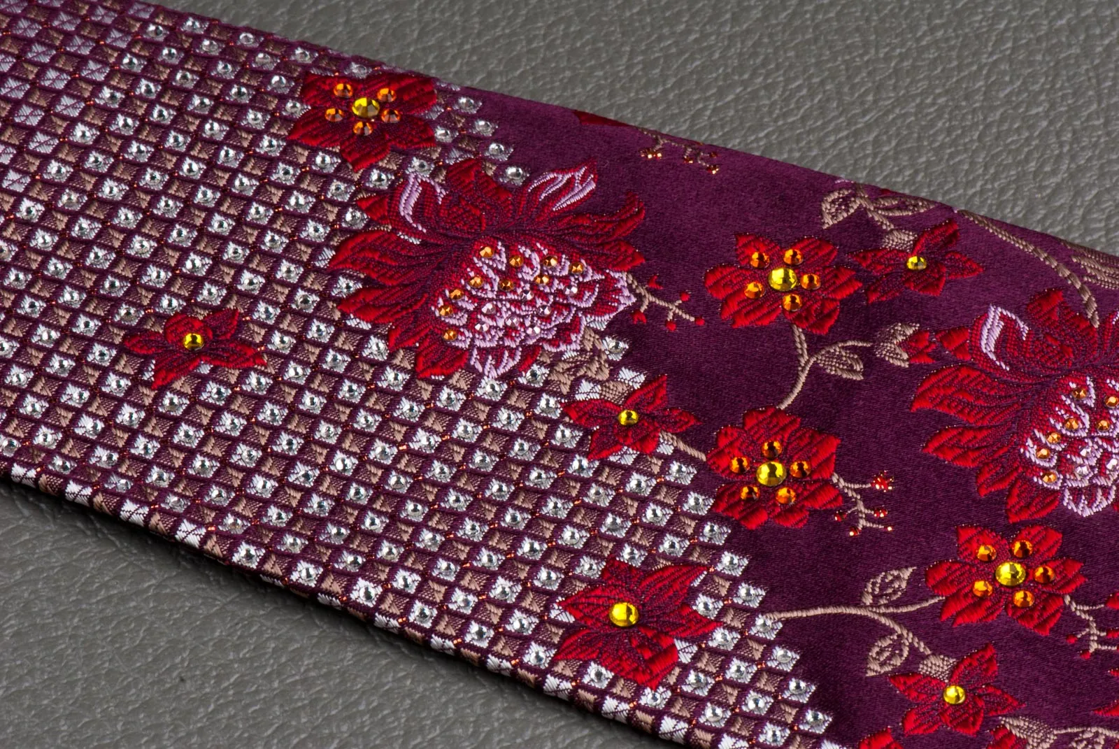 Mila Schon Silk Neck Tie Floral Design On Burgundy With Rhinestones 3 1/2 Inch