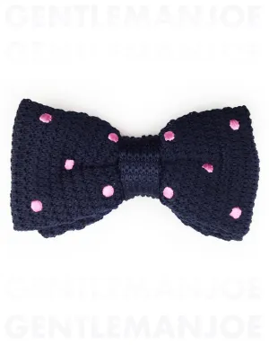 Navy Blue & Pink Polka Dot Knitted Bow Tie