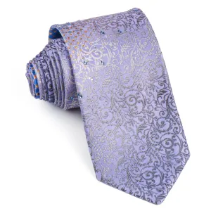 Nicole St Giles Silk Neck Tie Silver Vines On Purple With Rhinestones 3 1/2 Inch