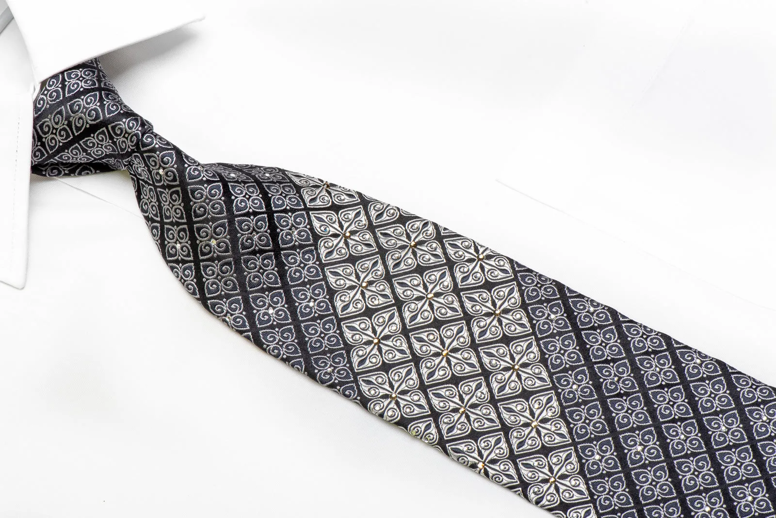 Nina Ricci Men's Crystal Rhinestone Necktie Silver Cartouche On Black Silk