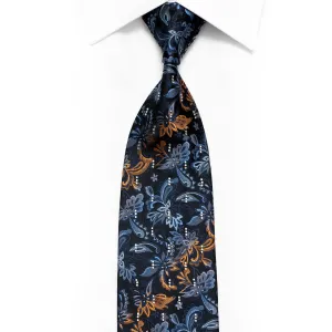 Orange Blue Acanthus Floral On Navy Blue Microfiber Rhinestone Necktie With Sparkles